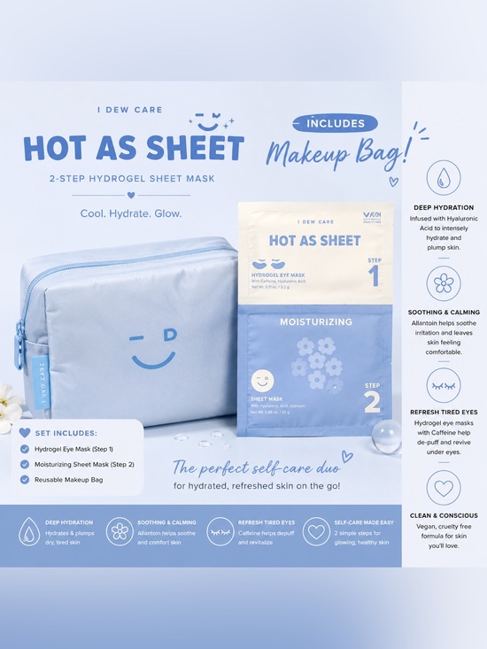 I Dew Care Other - I Dew Care “Hot As Sheet” 2-Step Hydrogel Sheet Mask Set + Makeup Bag 💙✨